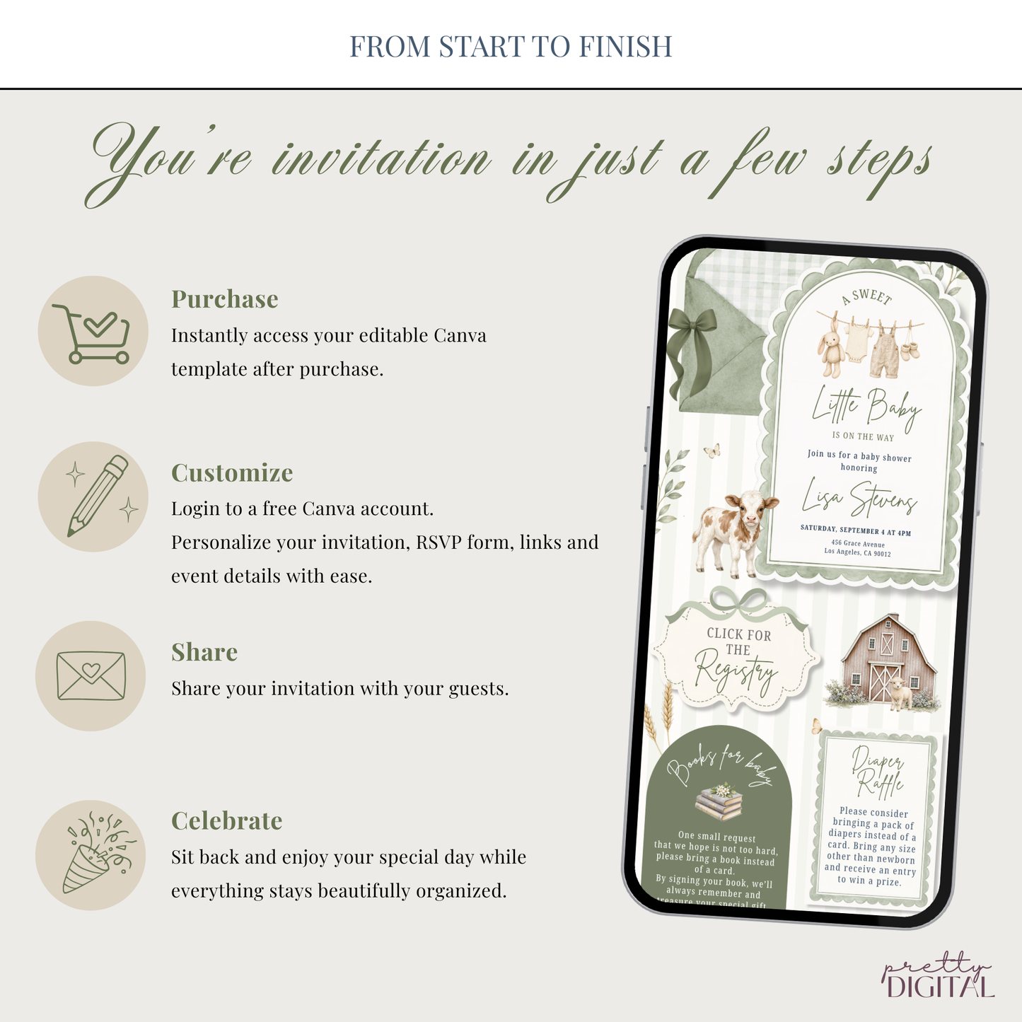 Farm Animals Baby Shower Invitation - Sage Green Digital Invite