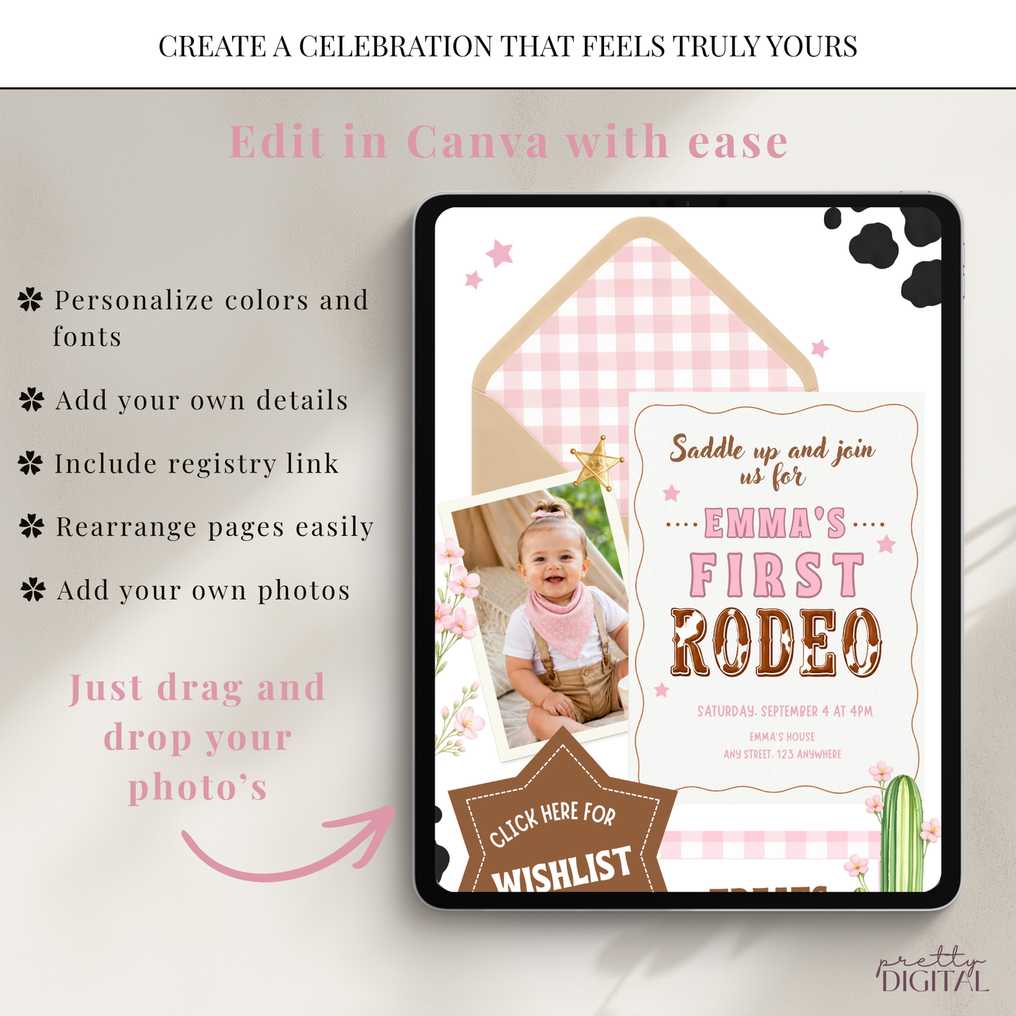 First Rodeo First Birthday Invitation - Pink Digital Invite