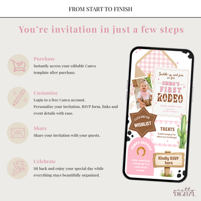 First Rodeo First Birthday Invitation - Pink Digital Invite
