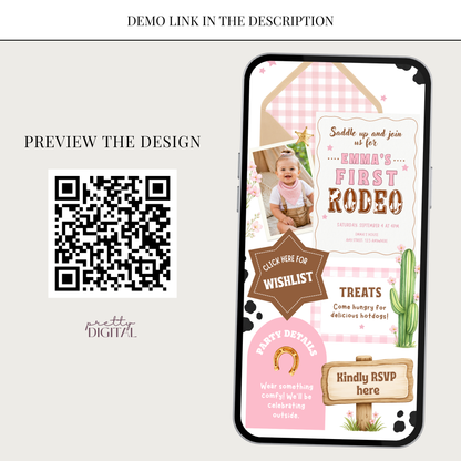 First Rodeo First Birthday Invitation - Pink Digital Invite
