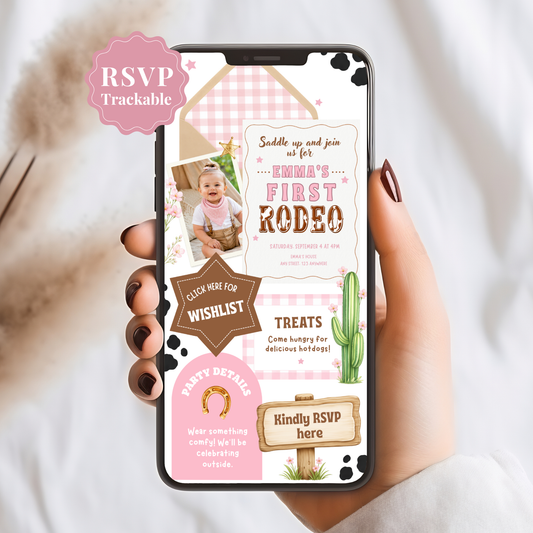 First Rodeo First Birthday Invitation - Pink Digital Invite