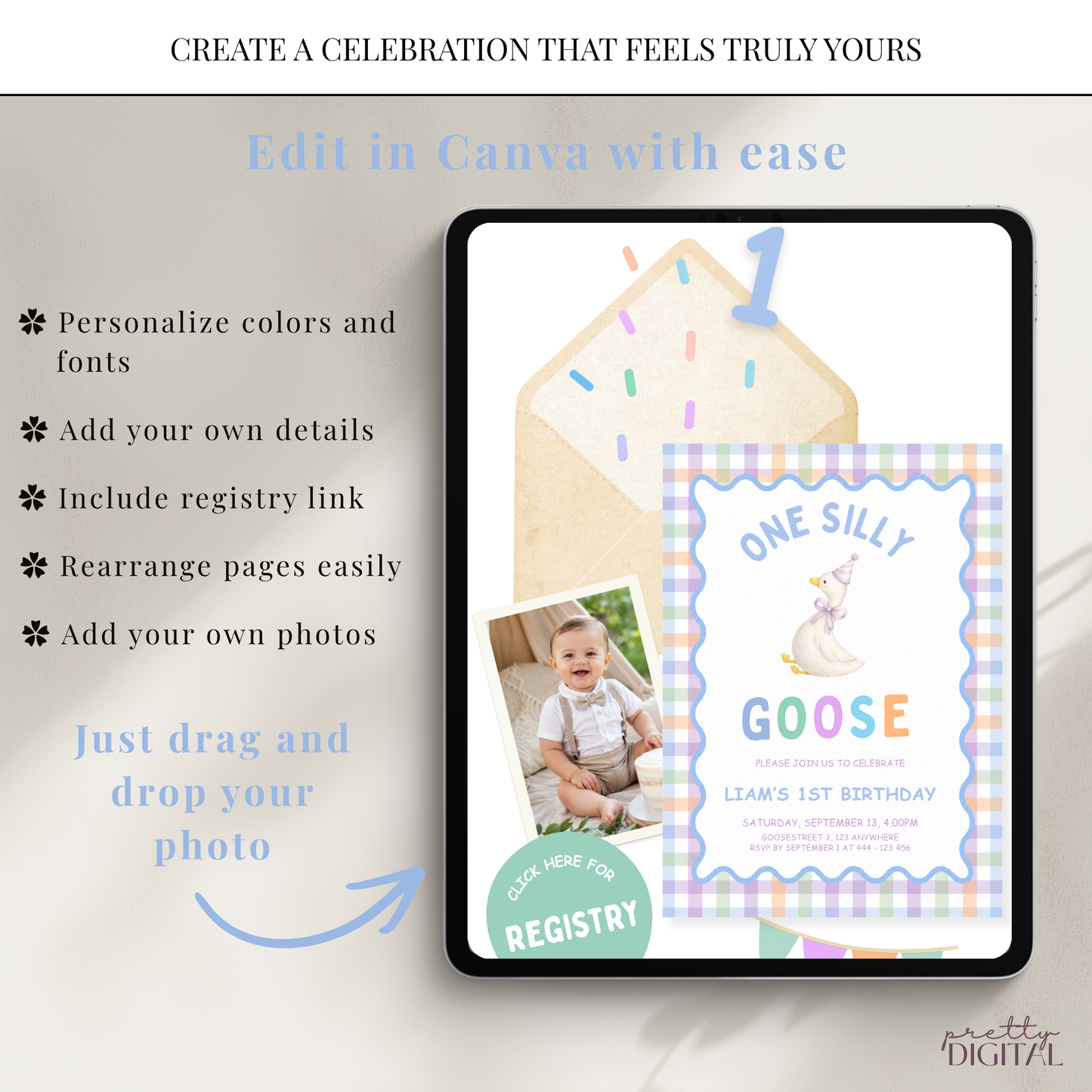 One Silly Goose First Birthday Invitation - Blue Digital Invite