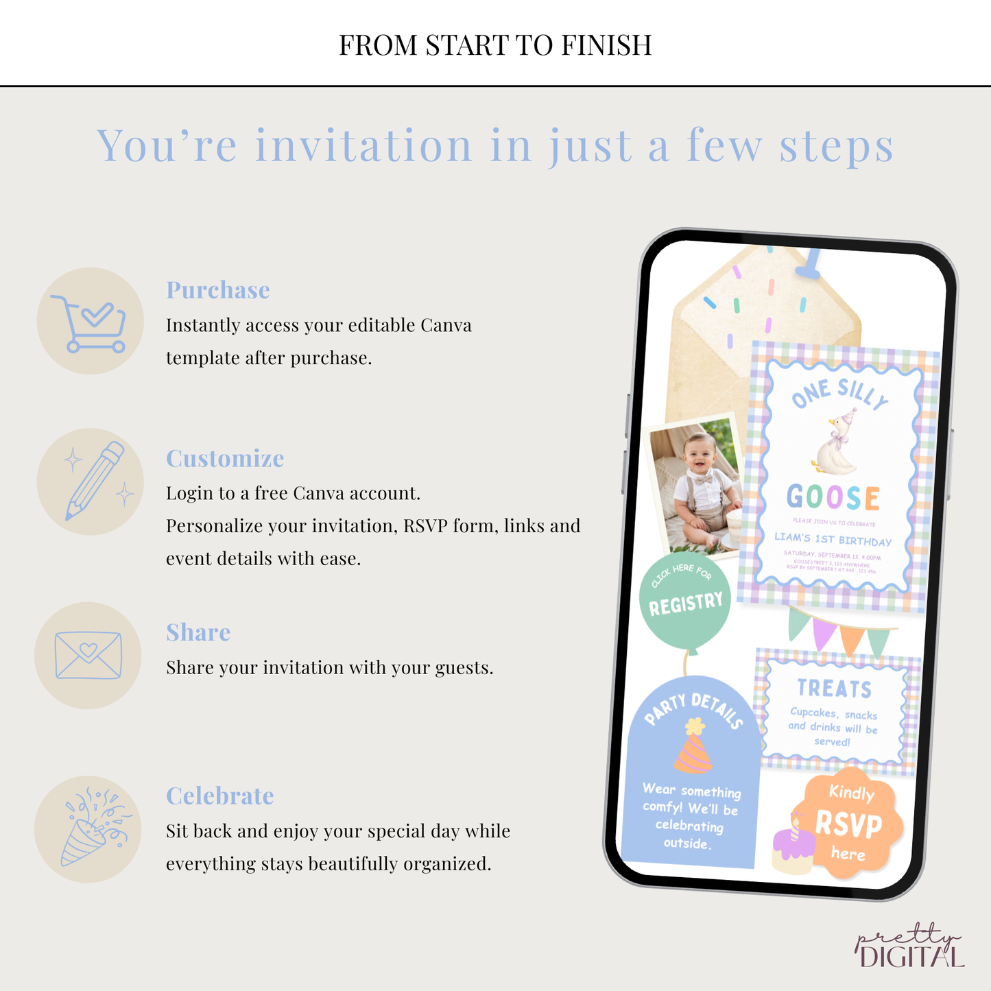 One Silly Goose First Birthday Invitation - Blue Digital Invite
