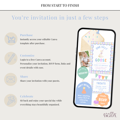 One Silly Goose First Birthday Invitation - Blue Digital Invite