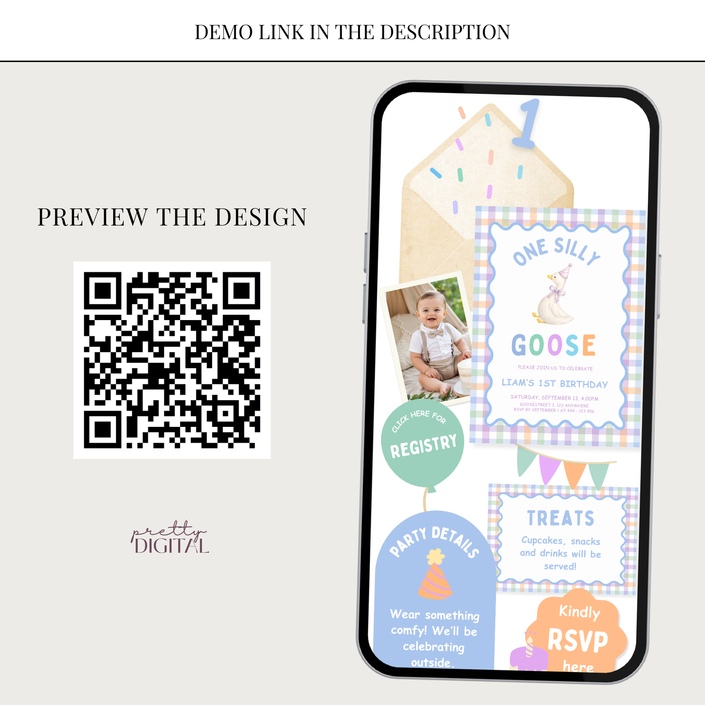One Silly Goose First Birthday Invitation - Blue Digital Invite