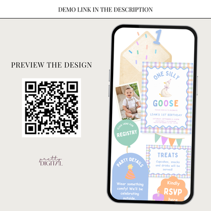 One Silly Goose First Birthday Invitation - Blue Digital Invite