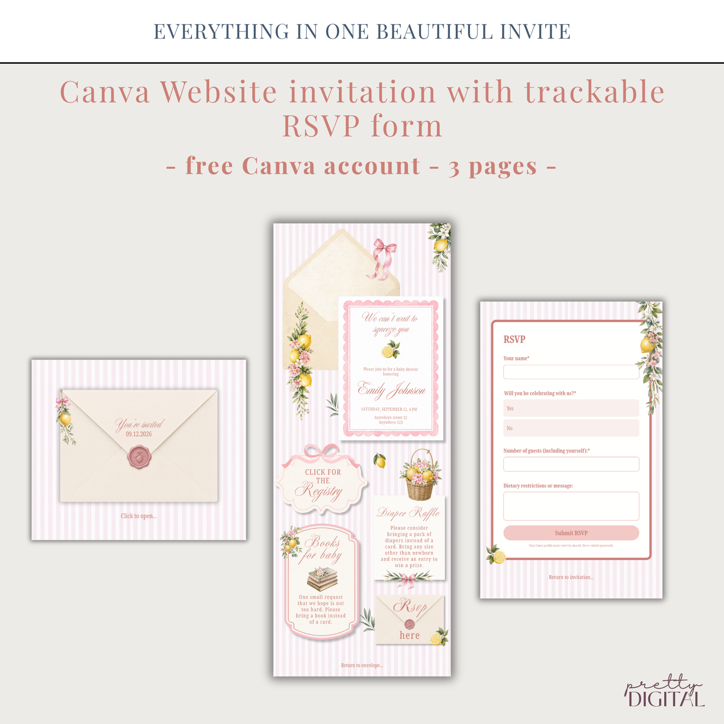 Italian Theme Baby Shower Invitation - Pink Lemon Digital Invite