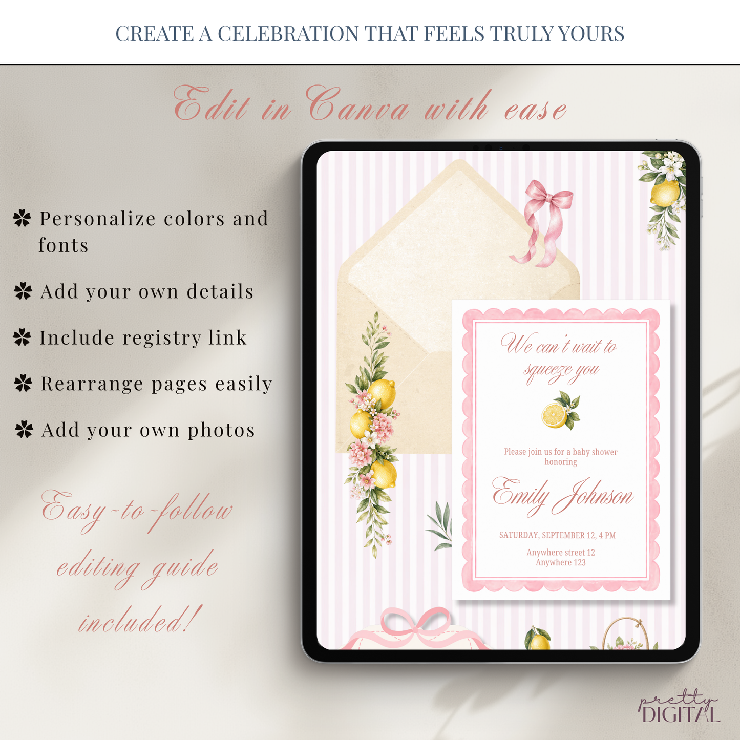 Italian Theme Baby Shower Invitation - Pink Lemon Digital Invite