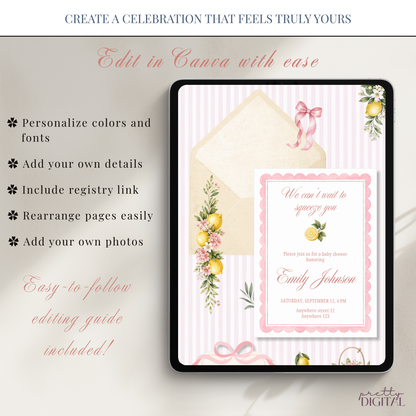 Italian Theme Baby Shower Invitation - Pink Lemon Digital Invite
