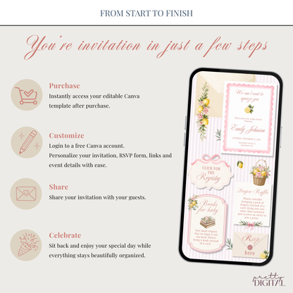 Italian Theme Baby Shower Invitation - Pink Lemon Digital Invite