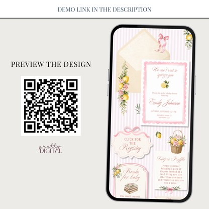 Italian Theme Baby Shower Invitation - Pink Lemon Digital Invite