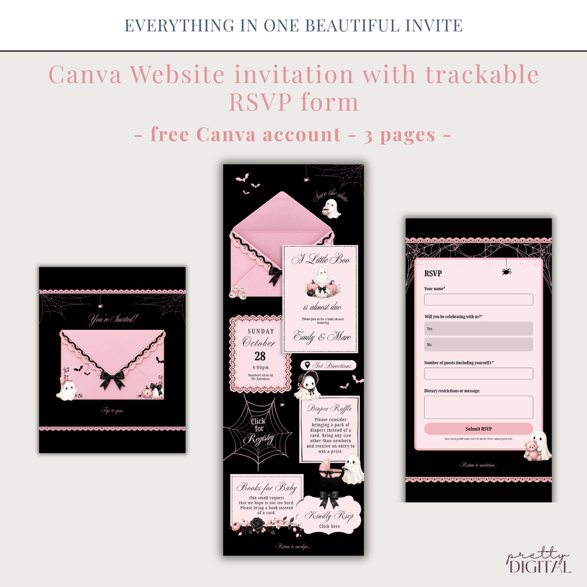 Little Boo pink Halloween baby shower digital invitation with RSVP – preview 2