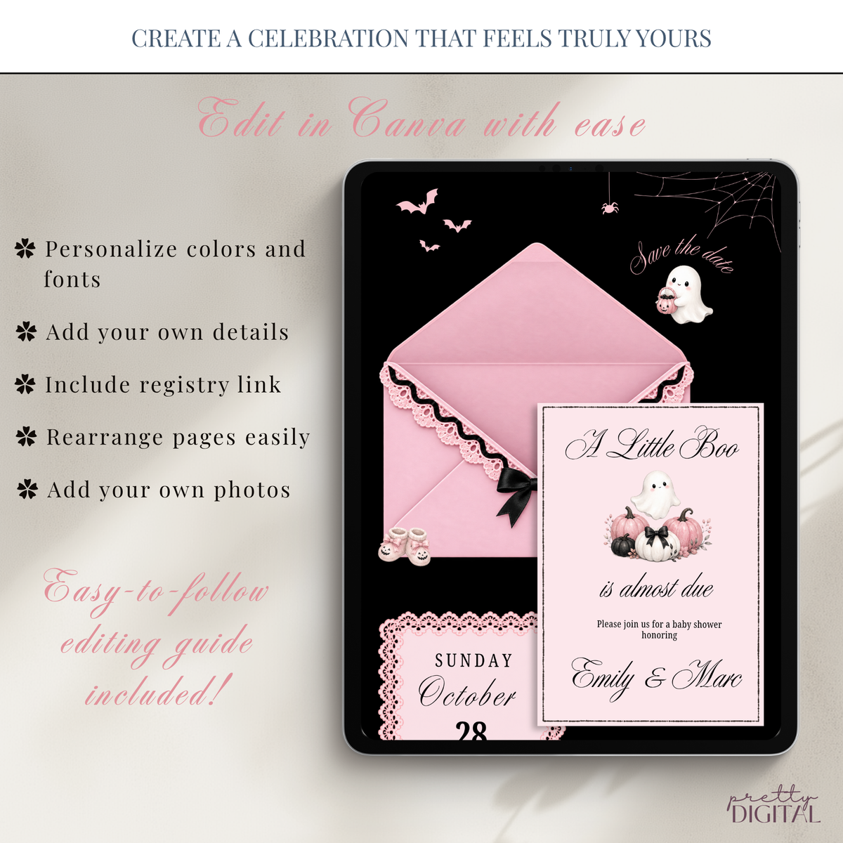Little Boo pink Halloween baby shower digital invitation with RSVP – preview 3