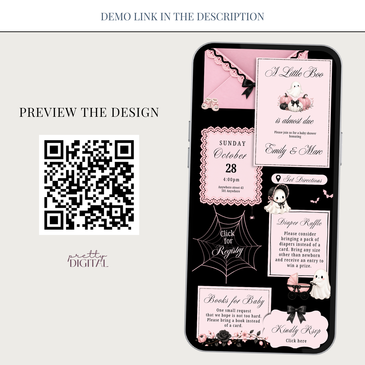 Little Boo pink Halloween baby shower digital invitation with RSVP – preview 7