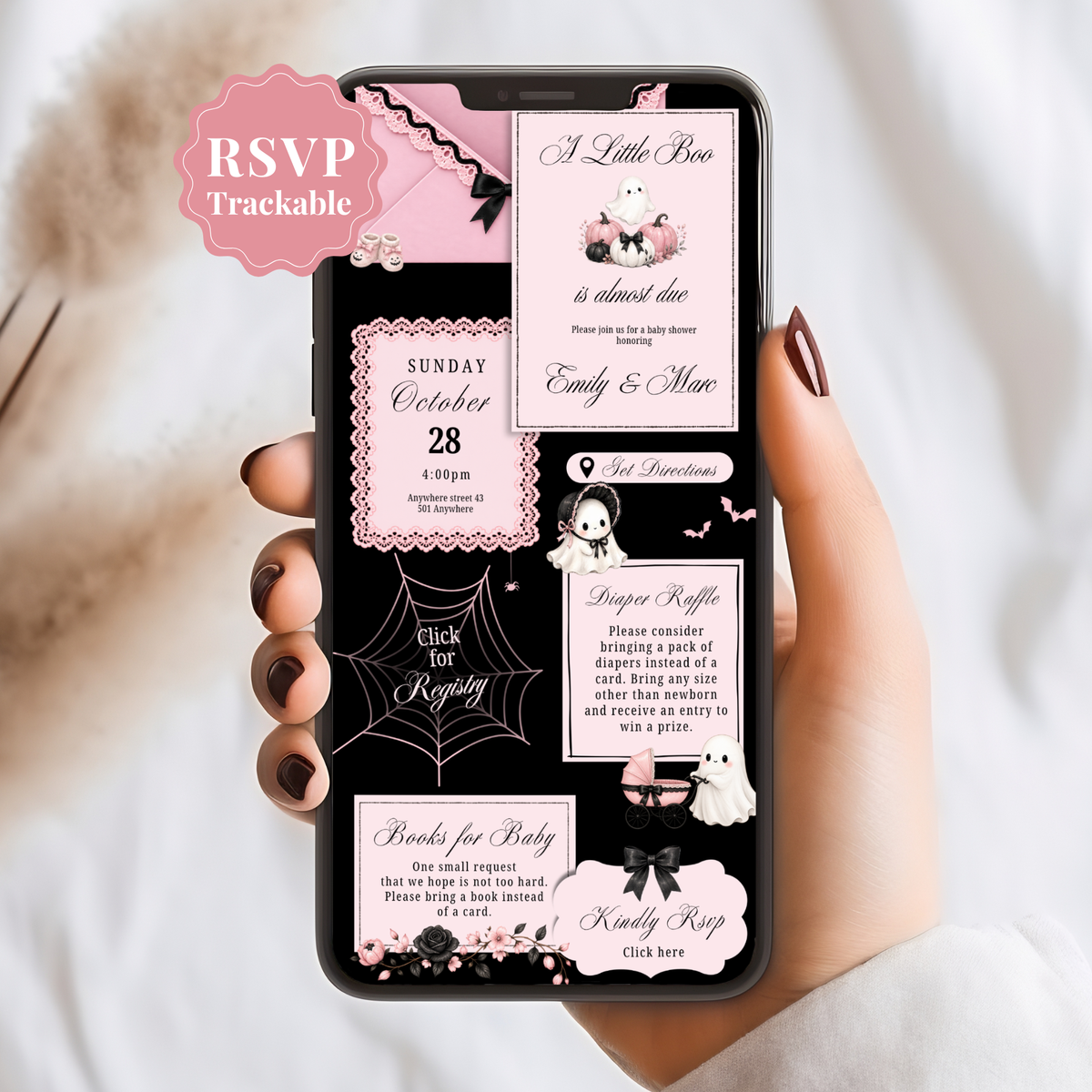 Little Boo pink Halloween baby shower digital invitation with RSVP