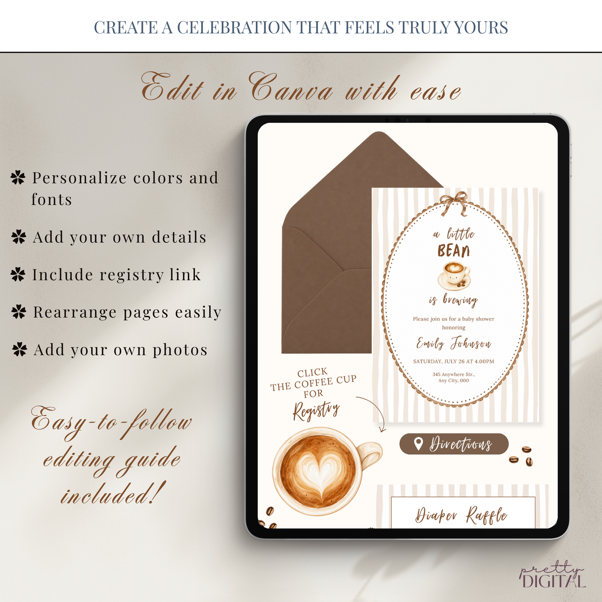 Little Bean coffee baby shower digital invitation with RSVP – preview 3