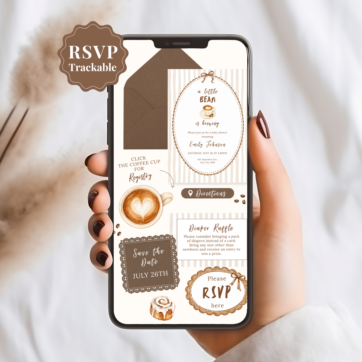 Little Bean coffee baby shower digital invitation with RSVP