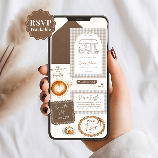 Café Bébé blue coffee baby shower digital invitation with RSVP