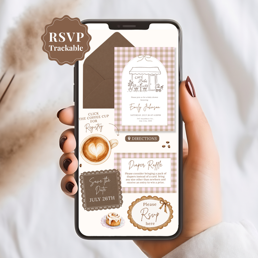Café Bébé pink coffee baby shower digital invitation with RSVP