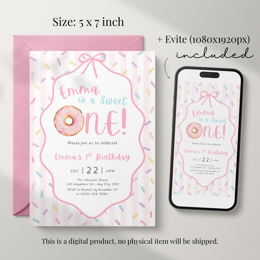 Sweet One donut first birthday invitation template – preview 2