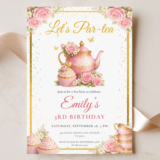 Let's Par-Tea (Kids) — Tea Party Birthday Invitation Template by Pretty Digital — printable digital download