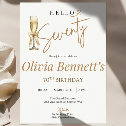 Hello Seventy — 70th Birthday Invitation Template by Pretty Digital — printable digital download