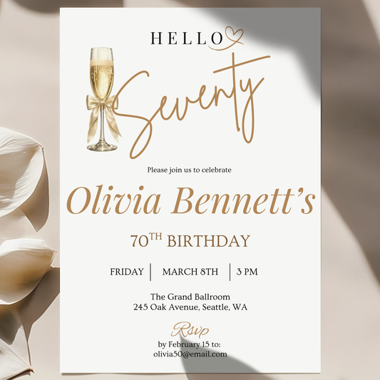 Hello Seventy — 70th Birthday Invitation Template by Pretty Digital — printable digital download