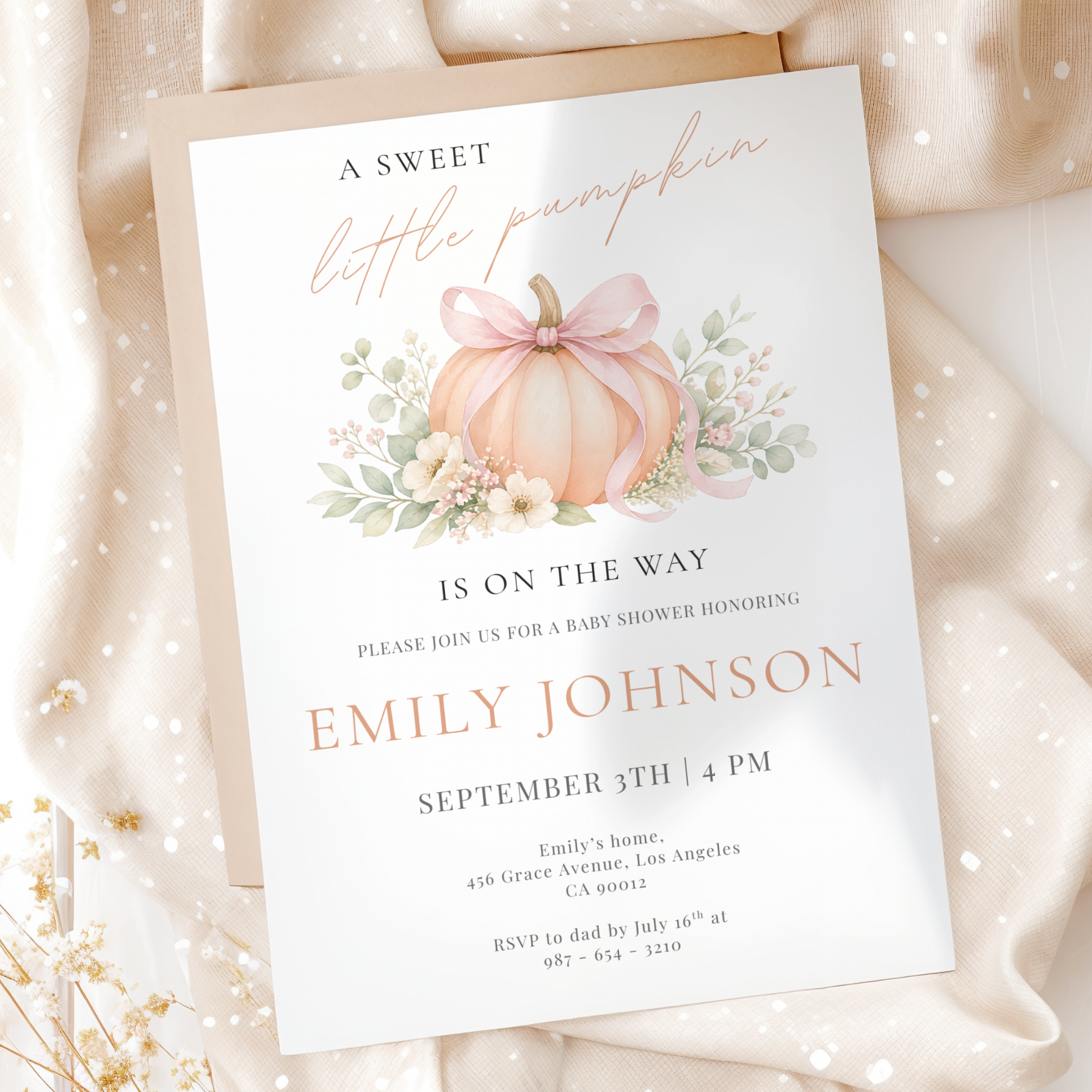 A Sweet Little Pumpkin — Fall Baby Shower Invitation Template by Pretty Digital — printable digital download