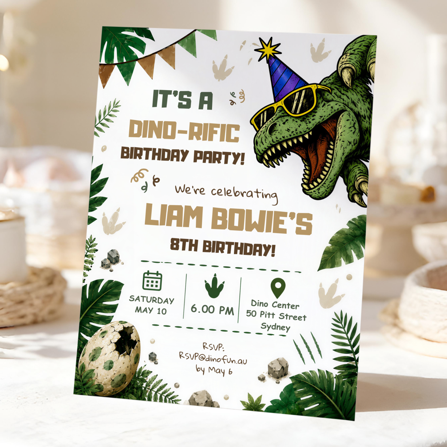 Three-Rex on the Loose — Dinosaur 3rd Birthday Invitation Template by Pretty Digital — printable digital download