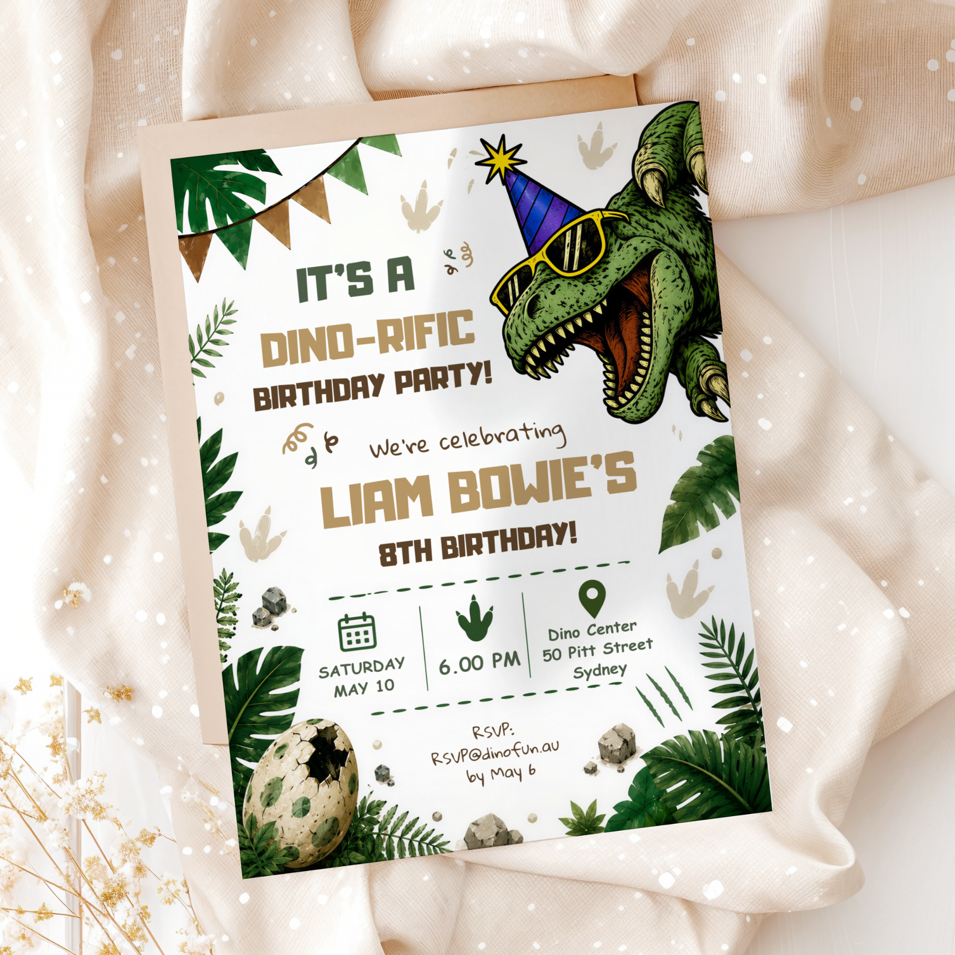 Three-Rex on the Loose — Dinosaur 3rd Birthday Invitation Template by Pretty Digital — view 10