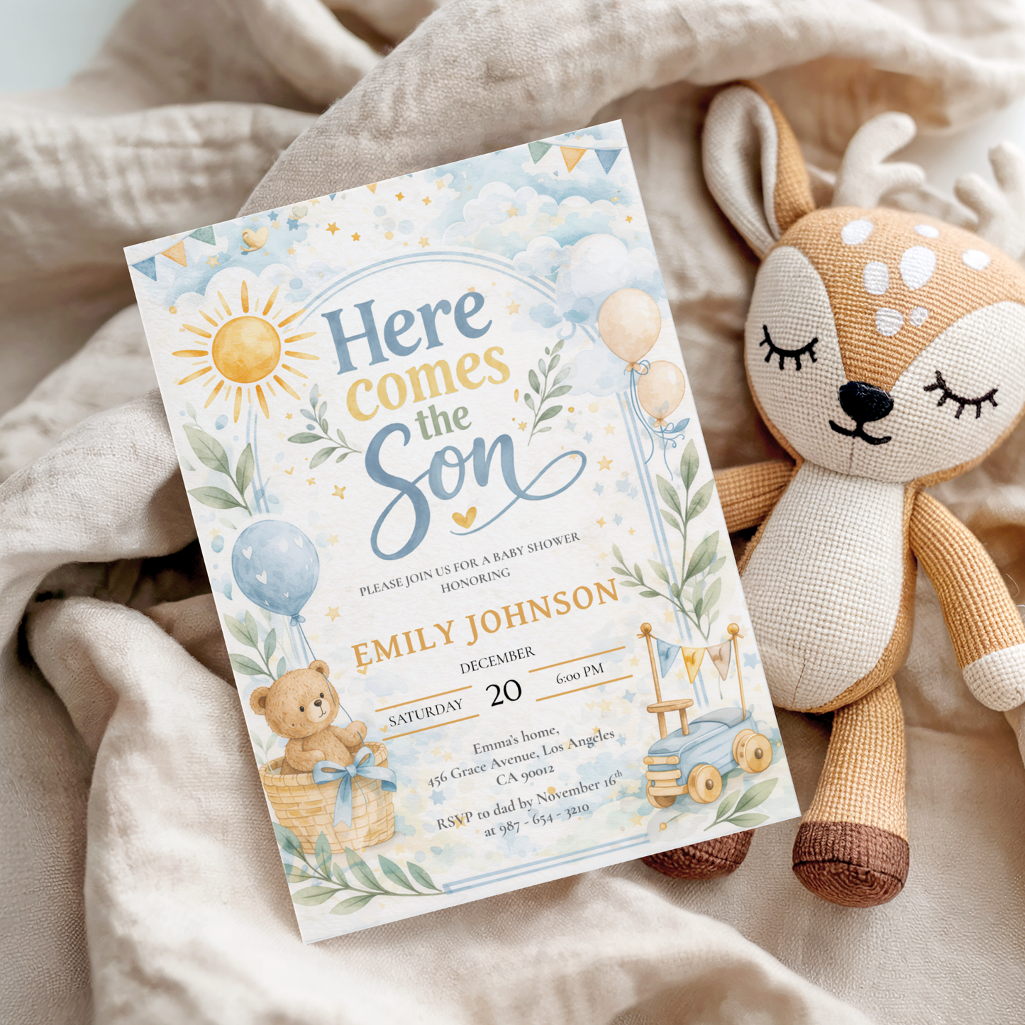 Here Comes the Son — Baby Boy Invitation Template by Pretty Digital — view 3