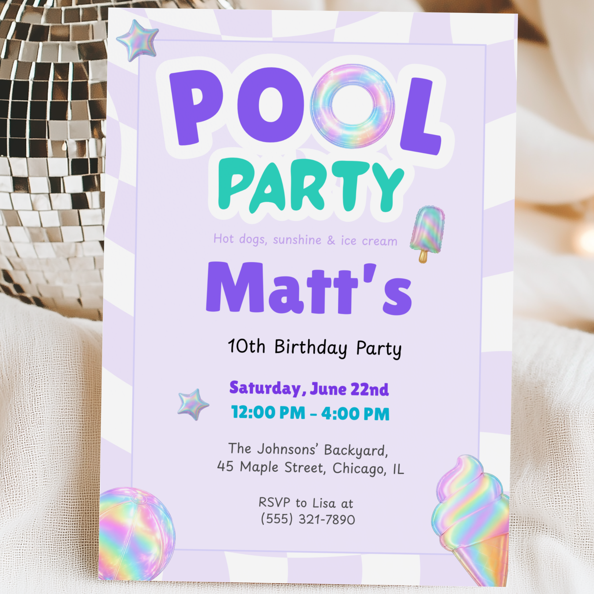 Hot Dogs, Sunshine & Ice Cream — Pool Party Invitation Template by Pretty Digital — printable digital download