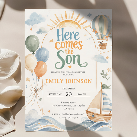 Here Comes the Son — Baby Shower Invitation Template by Pretty Digital — printable digital download