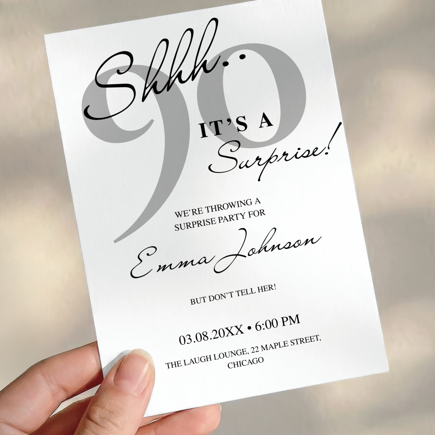 Shhh… It's a Surprise — 90th Surprise Party Invitation Template by Pretty Digital — printable digital download