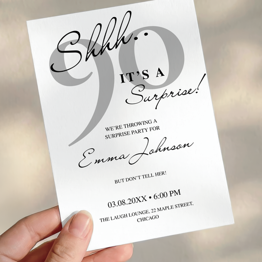 Shhh… It's a Surprise — 90th Surprise Party Invitation Template by Pretty Digital — printable digital download