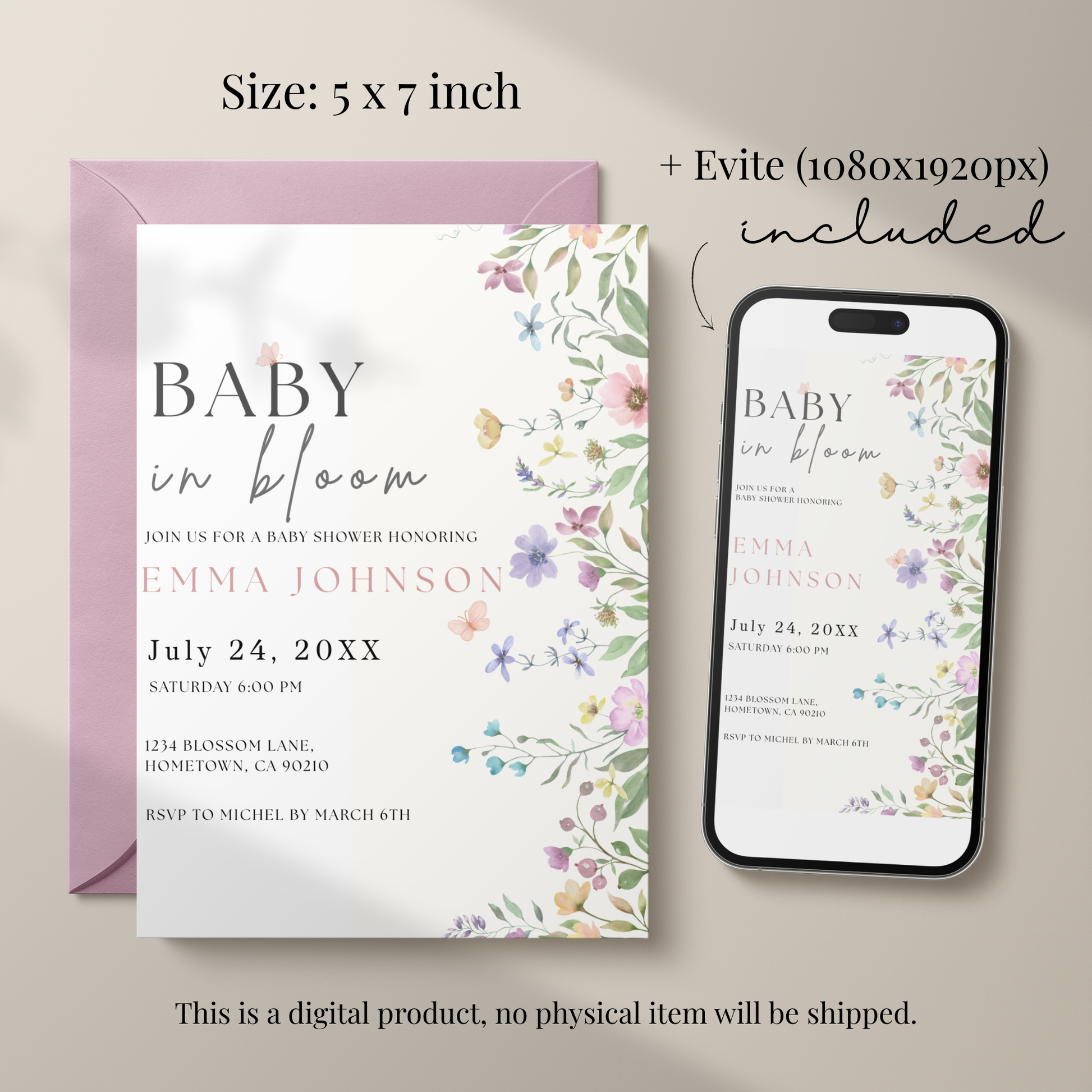 Baby Bloom — Floral Baby Shower Invitation Template by Pretty Digital — view 2