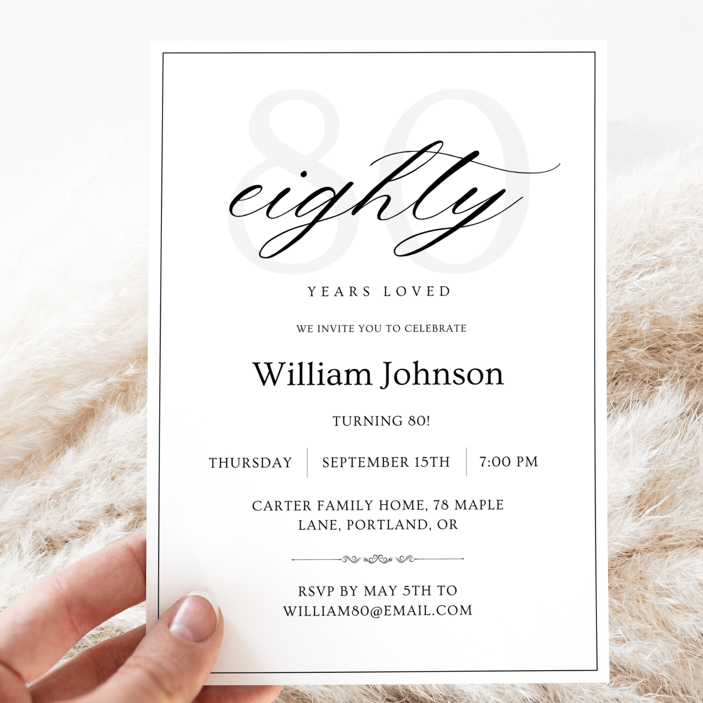 Eighty Years Loved — 80th Birthday Invitation Template by Pretty Digital — printable digital download