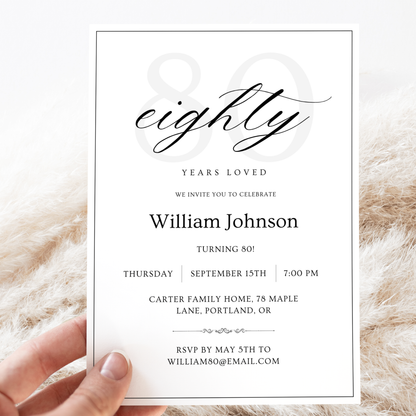 Eighty Years Loved — 80th Birthday Invitation Template by Pretty Digital — printable digital download