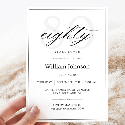 Eighty Years Loved — 80th Birthday Invitation Template by Pretty Digital — printable digital download