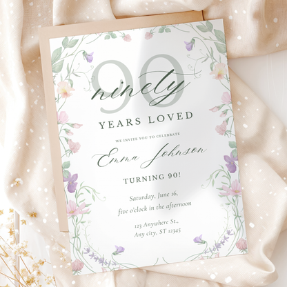 Ninety Years Loved — 90th Birthday Invitation Template by Pretty Digital — printable digital download