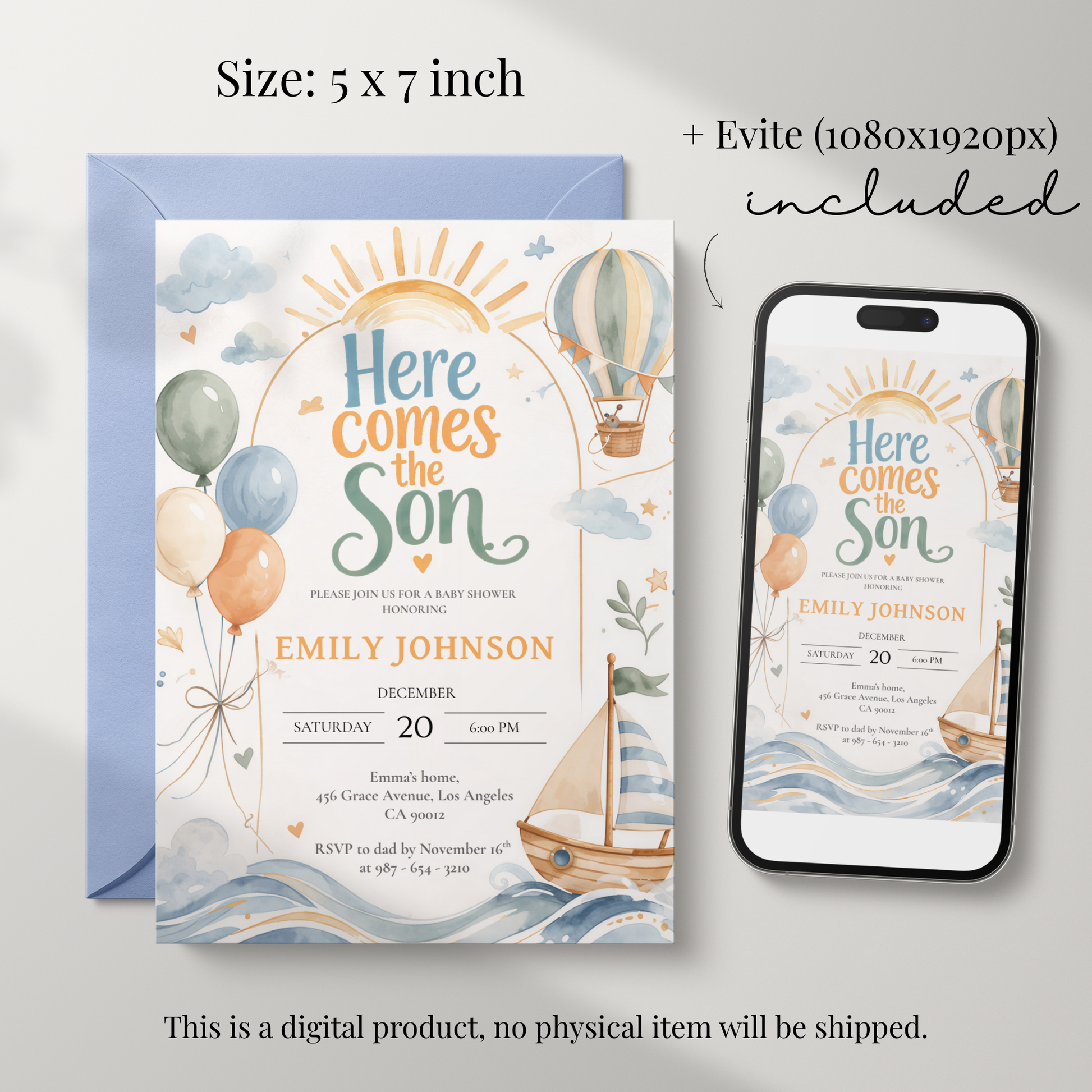 Here Comes the Son — Baby Shower Invitation Template by Pretty Digital — view 2