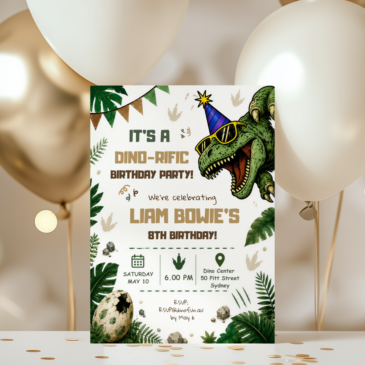 Three-Rex on the Loose — Dinosaur 3rd Birthday Invitation Template by Pretty Digital — view 8