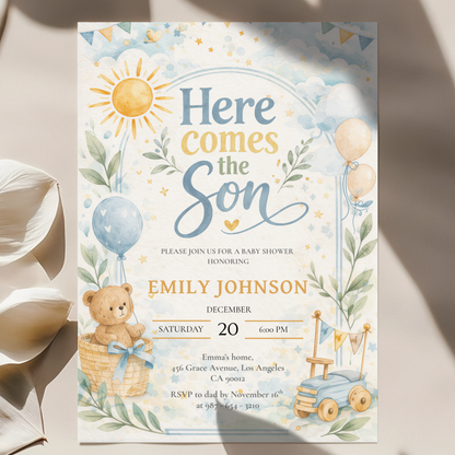 Here Comes the Son — Baby Boy Invitation Template by Pretty Digital — printable digital download