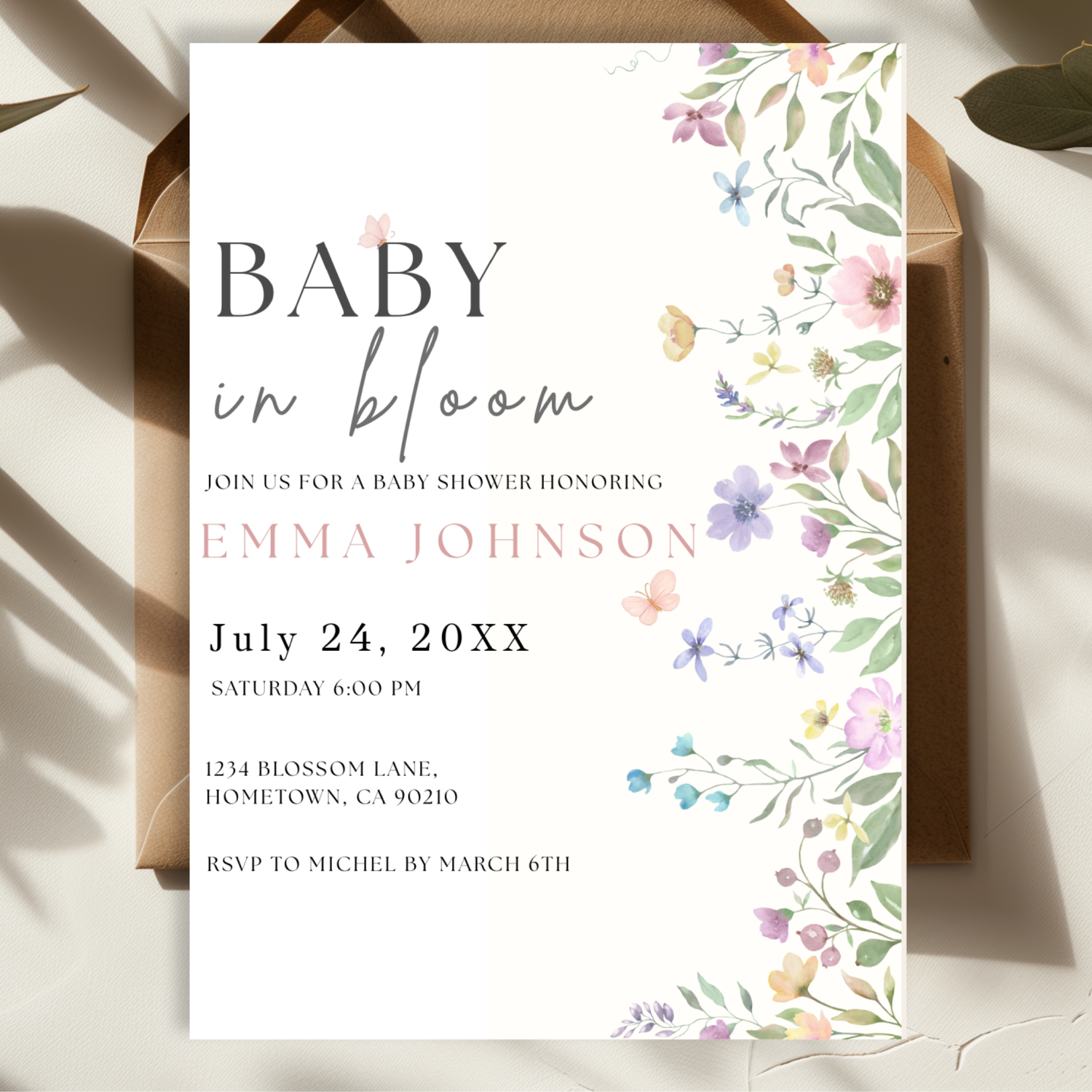 Baby Bloom — Floral Baby Shower Invitation Template by Pretty Digital — printable digital download