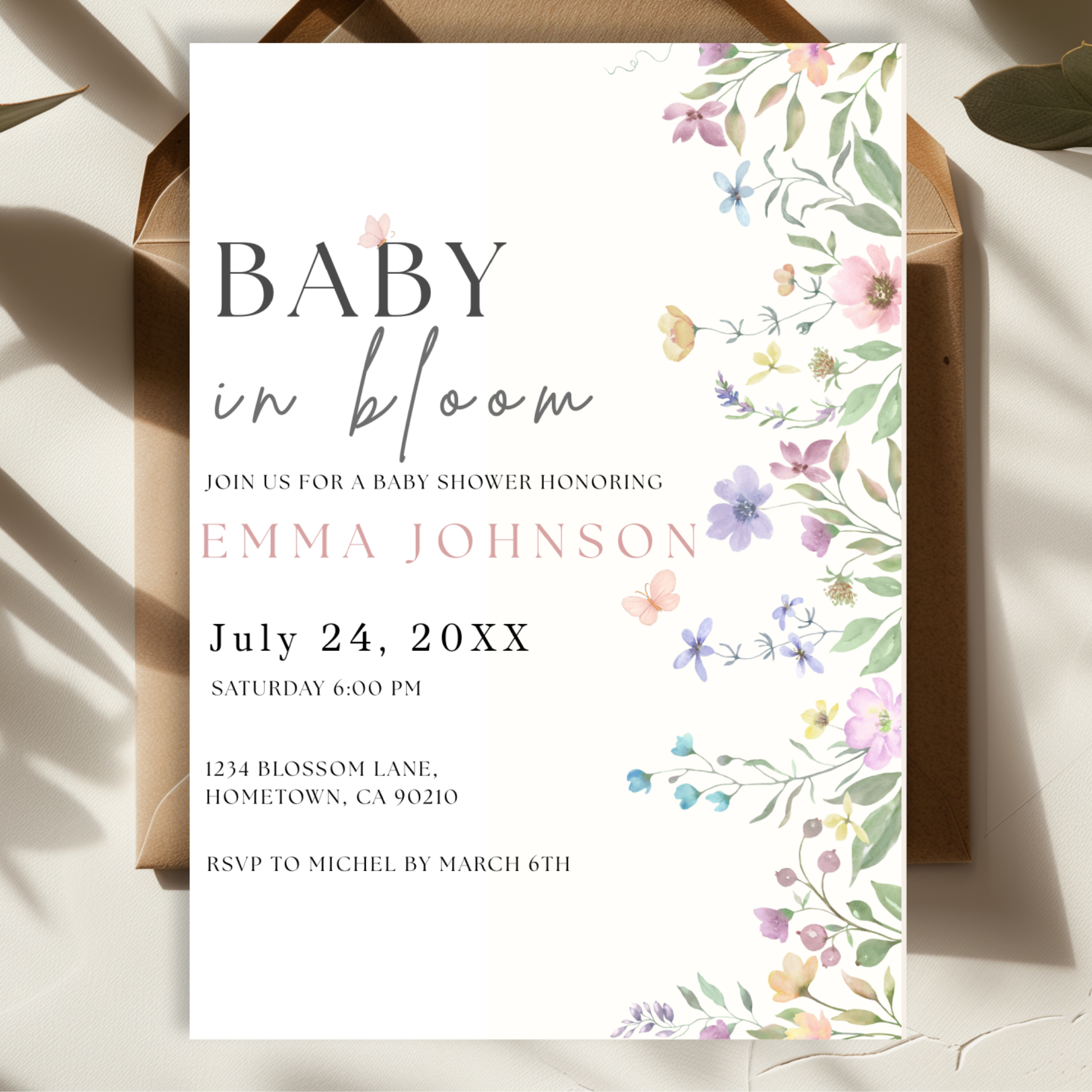Baby Bloom — Floral Baby Shower Invitation Template by Pretty Digital — printable digital download