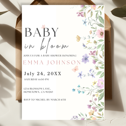 Baby Bloom — Floral Baby Shower Invitation Template by Pretty Digital — printable digital download