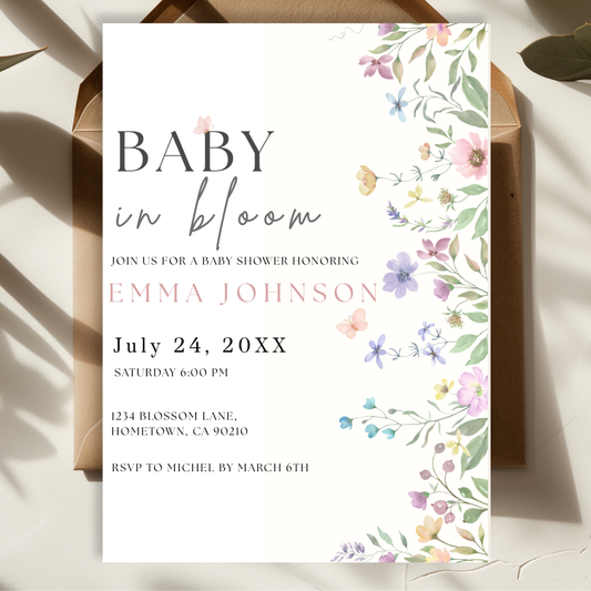 Baby Bloom — Floral Baby Shower Invitation Template by Pretty Digital — printable digital download