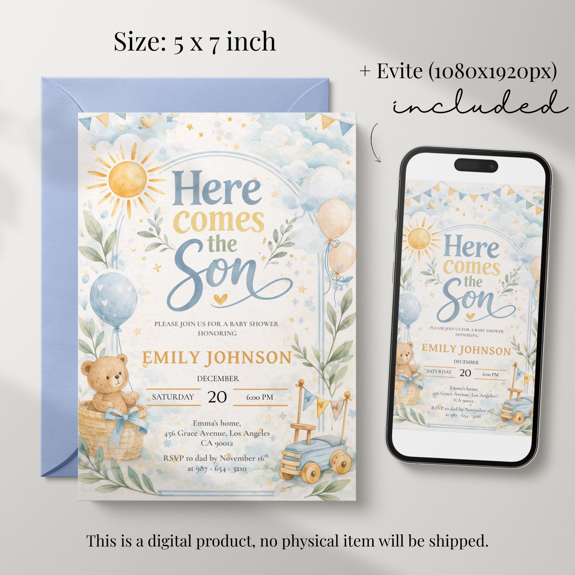 Here Comes the Son — Baby Boy Invitation Template by Pretty Digital — view 2
