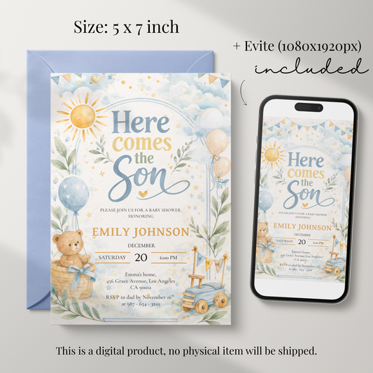 Here Comes the Son — Baby Boy Invitation Template by Pretty Digital — view 2