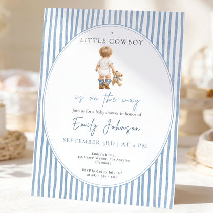 A Little Cowboy on the Way — Baby Boy Shower Invitation Template by Pretty Digital — printable digital download